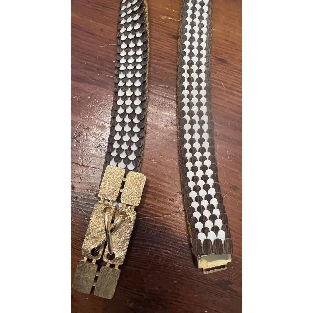 Vintage Art Deco Gold Metallic Fish Scale Elastic Glam Stretchy Belt - Picture 8 of 10